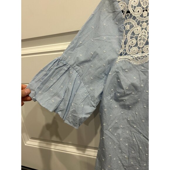 CeCe Blue Swiss Dot Blouse Lace Yoke Puff Sleeves Sz S Coastal Cowgirl Feminine - Picture 5 of 11